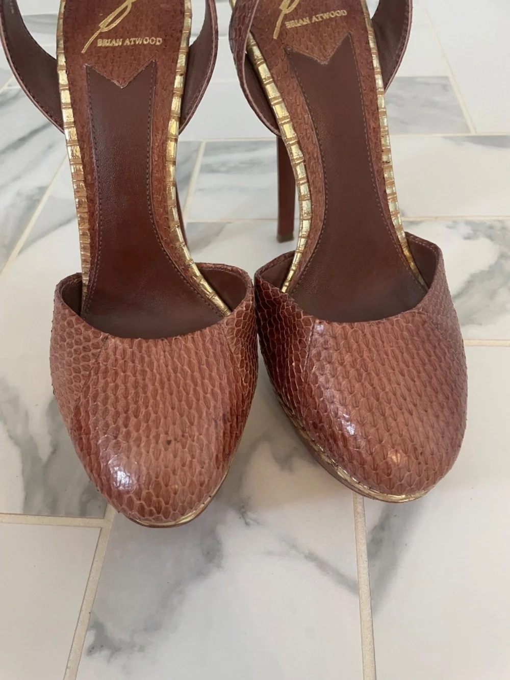 Brian Atwood 7/37 Fontenay Snakeskin Platform Ankle Strap Heels Brown Gold